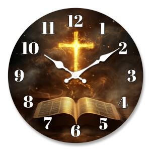 불꽃 효과와 열린 책 디자인의 신비한 성경 십자가 벽시계 - 무소음 큰 글씨 읽기  검정색 바늘