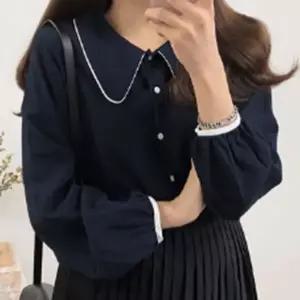 [하프클럽/]여성 직장인 네이비색 깔끔한 면접 데이트 블라우스