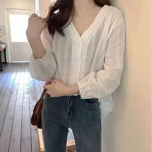 [하프클럽/]여성 셔링 소매 펀칭 레이스 얇은 블라우스 셔츠