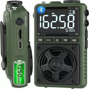 Bluetooth AM/FM/단파 라디오 및 NOAA 기상 경보 최고 수신 성능의 1250mAh 충전식 휴대용 포켓 5W 대형