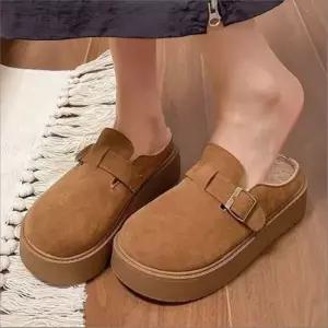 여성 스웨이드 기모안감 플랫폼 슬리퍼 버클 스트랩 2색