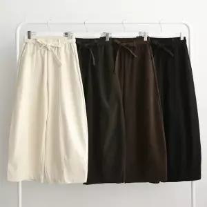 [다잇템] 여성 컷아웃 와이드핏 고무줄 MAXI 코듀로이 통 리본 팬츠