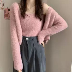 부클 가디건 슬림 끈나시 세트 가을 겨울 패션 코디 데이트룩 단추없는패션