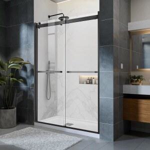 아키바코스트 슬라이딩 샤워 도어, 56-60인치 W x 76인치 H 세미 프레임리스 더블 글래스 5/16인치(8mm) 투명 ASNI SGCC 강화 유리, 바이패스 인클로저, 매트 블랙