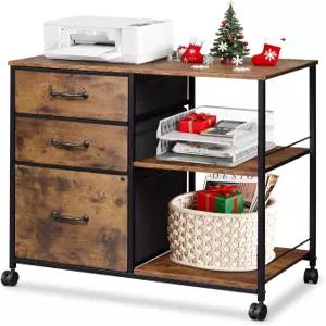 DeVEAZE 3 서랍 모바일 파일 캐비닛 열린 보관 선반이 있는 롤링 프린터 스탠드 홈 오피스용 패브릭 측면