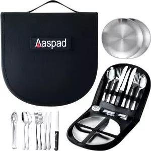 아스파드 풀사이즈 스테인리스 스틸 식기 및 세트 야외 캠핑 잡화 키트 플랫웨어 피크닉 실버웨어 캐리어