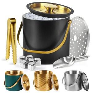 [미국배송] 아이스 버킷 실리콘 씰링 링이 있는 버킷 이중 벽 진공 단열 샴페인 필터 레이어 집게 스쿱(블랙 실버 3L)