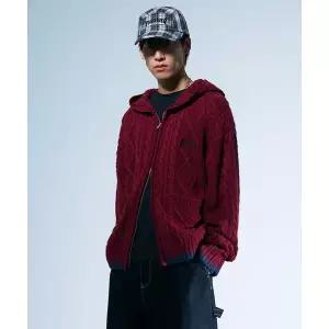 매장정품 THRASHER 플레임 케이블 니트 후드집업 버건디