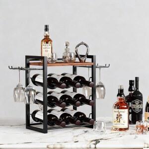 B4Life 와인 랙 조리대, 와인 잔 홀더 및 트레이가 있는 병 홀더, 카운터탑 주류 보관함, 주류 병 9개와 잔 4개, 가정, 주방, 바, 지하실을 위한 독립형 주류 보관함