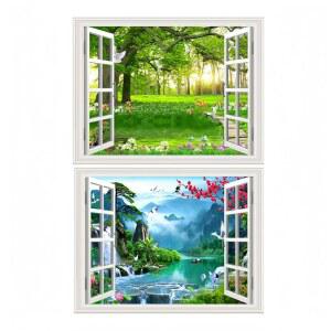 THNWSY 2피스 3D 자체 접착 페인팅 가짜 창문 벽 스티커 열대 섬 야자수 벽화 뷰 장식 가정용 (큰 나무+풍경, 44.9cm x 69.6cm(17.3 27.6인치))
