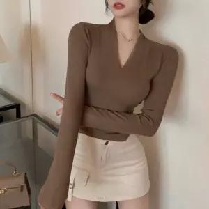 G126307_노카라 V넥 요술 골지티여자셔츠 가을긴팔 겨울 데일리 레이어드 이너 브이 골지 슬림
