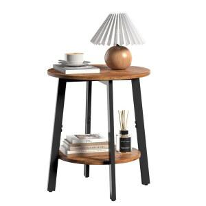 smec 사이드 테이블, 작은 공간을 위한 수납 선반이 있는 원형 2단 침대 옆 테이블 소파 거실, 침실, 러스틱 브라운을 액센트 나이프 스탠드
