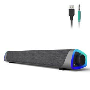 SOULION R30 컴퓨터 스피커, USB 전원 PC 스위치 버튼이 있는 다채로운 LED 조명, 데스크탑 노트북용 3.5mm Aux 서라운드 사운드바, 그레이