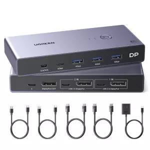 UGREEN 8K 디스플레이포트 KVM 스위치 2 in 1 출력 DP1.4 USB 3.0 포트 4개(USB-A 3개 + USB-C 1개) 지원