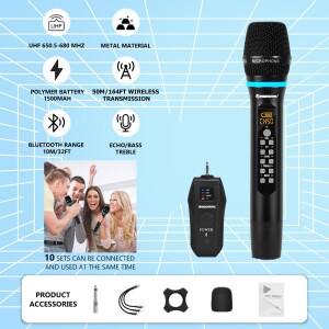 휴대용 UHF 핸드헬드 노래방 다이나믹 마이크 시스템, 에코, 트레블, 베이스 및 블루투스, 160FT 범위 무선