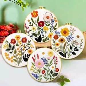 초보자를 위한 진칭 4피스 꽃 자수 키트 - 해바라기 데이지 디자인 및 사전 인쇄된 29x29cm 면직물 후프 실