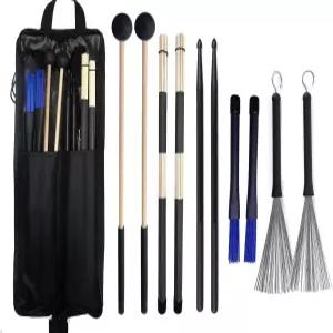 바닥 톰 훅이 있는 투오렌 드럼 스틱 백 5쌍 망치 브러시 세트 초보자를 위한 타악기 액세서리 연습용 블랙