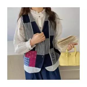 얍스토어 여성 데님 조끼 겨울 빈티지 레이어드 브이넥 배색에 안탑 SOH4