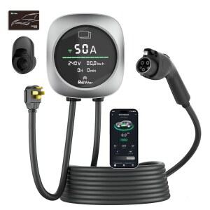 RhEVchar 레벨 2 전기차 충전기 50암페어 스마트 모션 센서 스크린 가정용 충전기, WiFi, RFID, 240V, NEMA 14-50 플러그 또는 하드와이어, 모든 전기차를 위한 25FT 케이블 APP 제어 차량 포함