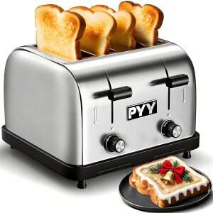 레스토랑용 PYY 커머셜 토스터 4 슬라이스 - 와이드 슬롯 1.57인치 스테인리스 스틸 6레벨 세팅, 225 / 시간 1800W 빵, 베이글, 아침 식사, 토스트