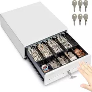 볼코라 13인치 수동 푸시 오픈 캐시 레지스터 서랍 4장의 지폐와 5개의 동전 슬롯이 있는 화이트 헤비 듀티