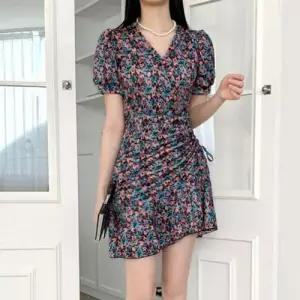 브이넥 꽃무늬 퍼프 셔링 스커트 반팔 미니 원피스 WEDD6FF