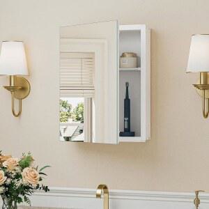 Keonjinn 소형 화이트 메디슨 캐비닛 14.5 x 18.5 인치, 하나의 선반만 사용 가능, 조립 필수, 컴팩트 욕실용 미니 거울, 자유롭게 조절 가능한 선반, 벽걸이 또는 오목함