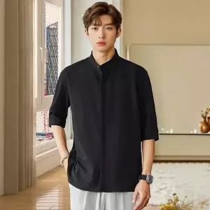 남성용 헨리넥 루즈핏 여름용 반팔 셔츠 정장 남방