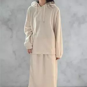 여성용 후리스 후드티와 스트링 롱스커트 세트