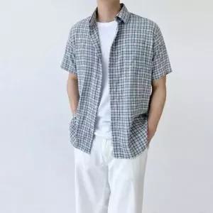 [셀러에이드]남성 여름용 체크 시원한 시어서커 반팔 셔츠 오버핏 스트레치 남방
