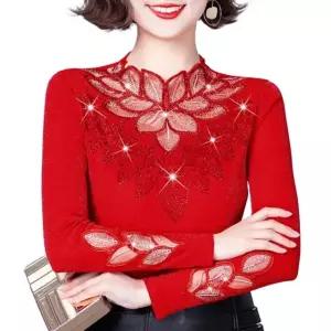 댄스복 댄스티 라인 상의 라틴댄스 큐빅 레이스 사교 레드 M