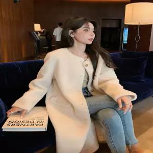 양털 울 시어링 롱 노카라 코트 퍼