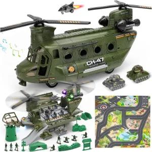 deAO 군용 헬리콥터 장난감 세트 수송 군인 남성 액션 피규어 및 플레이 맵 크리스마스 생일 파티 선물