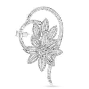 여성용 화이트 골드 다이아몬드 플로럴 브로치 핀 | 3.09 Ct 내추럴 럭셔리 스테이트먼트 주얼리 (I2 / I3 클리어런스 & I J 컬러)
