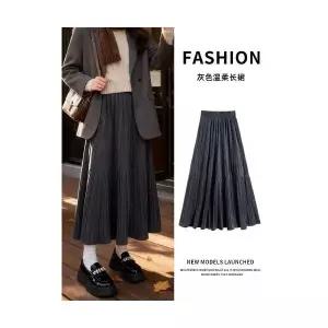 미니 스커트 여성 하객 벨벳 추동 빅사이즈 A라인 플리츠 그레이 롱 admr4