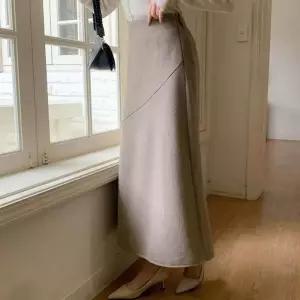 기본 여성 사선 모직 밴딩 롱스커트 내추럴룩 출근룩