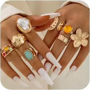 타카워드 청키 골드 기하학적 너클 핑거 링 세트 여성 빈티지 컬러 라인스톤 플라워 진주 선언 트렌디한