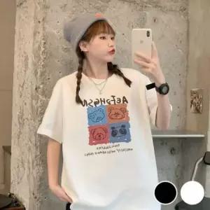 [라일리여성의류] Rly 캐릭터곰 캐주얼 로고프린트 루즈핏하프슬리브 상티