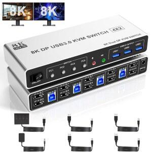 8K@60Hz USB3.0 디스플레이포트 KVM 스위치 2 모니터 컴퓨터 4대, 듀얼 DP1.4 스위치(오디오, 마이크 및 3대 포함), 4PC용