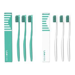 라이브오랄 V컷 교정 칫솔(민트 3개 + 화이트 3개) - 보조기용 컴팩트 헤드, 인체공학적 핸들, 딥 클리닝, 브래킷 및 와이어용 부드러운 칫솔모