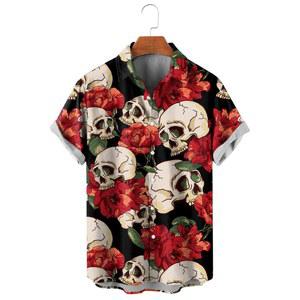 하와이안 셔츠 하와이 남성용 스트리트웨어 꽃무늬 라펠 프린트 3 남방 해골 반팔