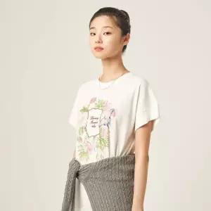 [백화점 정품] 빈폴 레이디스 플라워 모티브 롱 기장 반소매 티셔츠 - 화이트 (BF5742C881)