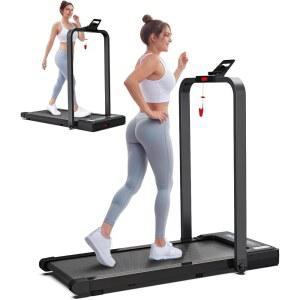 핸들 바 2 in 1이 있는 가정용 접이식 휴대용 보행 패드용 러닝머신 책상 밑 3HP 300lbs 용량, 15인치 와이드 러닝 벨트, 리모컨, 가정/사무실용 LED 디스플레이(블랙)