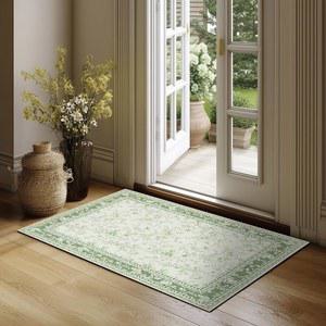 작은 녹색 러그 5.1x7.6cm(2x3인치) 세이지 그린 주방 입구용, 부드럽고 세탁 가능한 꽃무늬 스케치 프린트 미끄럼 방지 매트, 낮은 파일 실내 욕실 농가 카펫 입구 코티지