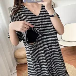 반팔 원피스 시원한 데일리 스트라이프 여름 수유복 원피스 캐주얼 산후 임산부 임부복 옆지퍼 웨어