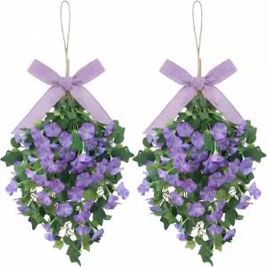 Norme 2pcs 보라색 인조 모닝 글로리 눈물방울 스웨그 현관문 스프링 걸이용 화환 농가 장식 결혼식 홈