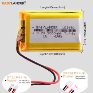 3.7V 2000mAh 103450 XH2.54 2P / 2.0 리튬이온 폴리머 배터리 LiPo