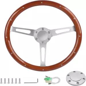 3 스포크 리벳 380mm 6 홀 볼트가 있는 15인치 클래식 우드 그레인 스티어링 휠 경적 버튼이 유니버설