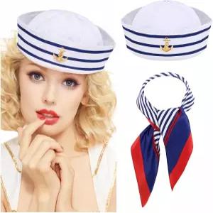 YONEKS 요트 선장 의상 세트 세일러 모자 및 스카프 여성용 남성용 캡 네이비 액세서리