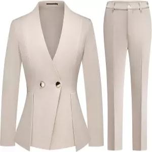 여성용 램걸 팬츠 정장 드레시 캐주얼 2종 세트 V넥 투버튼 블 비즈니스 의상